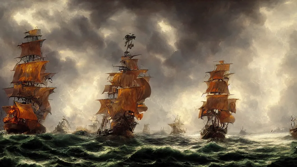 Image similar to a pirate ship in a thunderstorm, lightning is flashing around it, highly detailed oil painting, sea of theiths style, highly detailed oil painting, epic fantasy art, abstraction, masterpeice, 8k