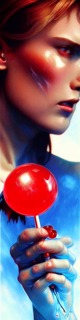 Image similar to The Terminator holding a lollypop, sharp focus, intricate, elegant, digital painting, artstation, matte, highly detailed, concept art, illustration, volumetric lighting, red blue color scheme, art by artgerm, Alphonse mucha, and Greg Rutkowski