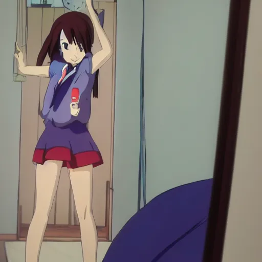 Prompt: goofy anime girl posing in front of a mirror in her bedroom, anime, by makoto shinkai, bedroom