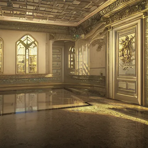 Image similar to vaporwave mansion, liminal space, high detail, rendered in unreal engine, 3d render, god rays, volumetric lighting, large windows, baroque, vegetation, golden lighting