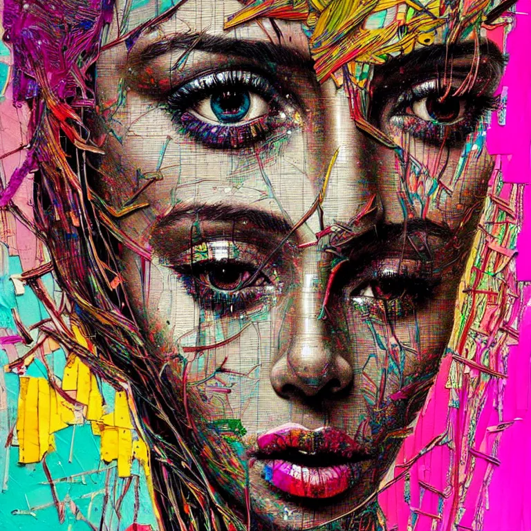 Image similar to beautiful anima girl lost in colors artwork by el anatsui and carne griffiths