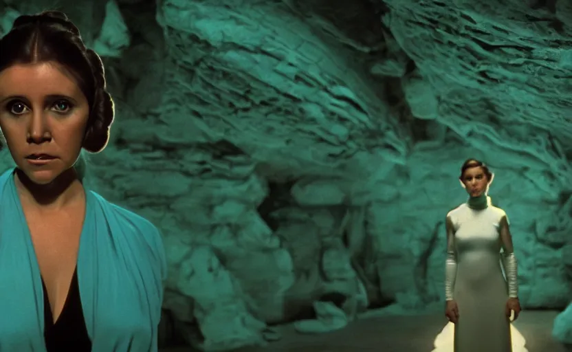 Image similar to screenshot portrait of Princess Leia alone in a teal sci fi cave, scene from jedi lost, 1980s film by Stanley Kubrick, 4k serene, iconic , photoreal portrait Carrie fischer, detailed face, moody lighting stunning cinematography, hyper detailed, sharp, anamorphic lenses, kodak color film