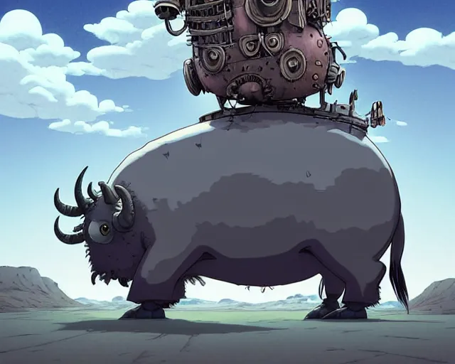 Image similar to a cell shaded cartoon grey lovecraftian mechanized buffalo from howl's moving castle ( 2 0 0 4 ), with a big head, on a desert road, wide shot, in front of a big moon, muted colors, post grunge, josan gonzales, wlop, by james jean, victor ngai, hq, deviantart, art by artgem