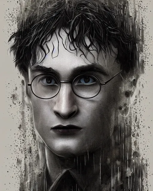 Prompt: a highly detailed portrait of Harry Potter, wispy tendrils of smoke, head and shoulders portrait, intricate detail, digital painting, old english, raining, sepia, particles floating, whimsical background by marc simonetti, artwork by ross tran + ramond swanland + liam wong