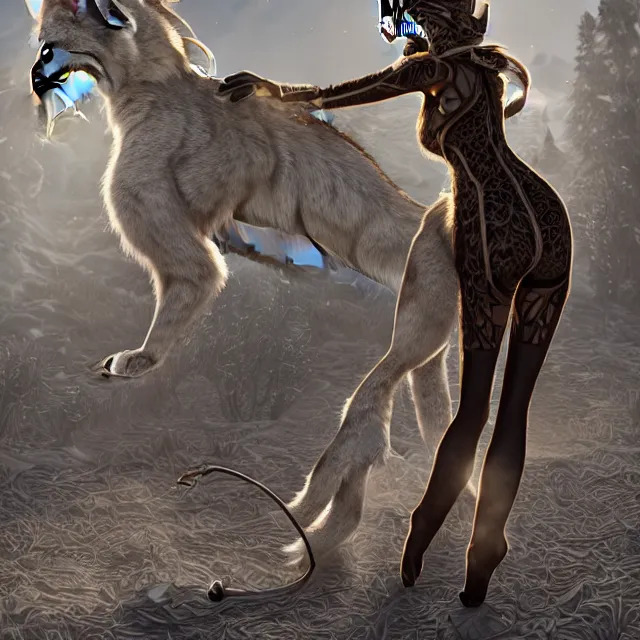 Image similar to the full body of anthropomorphic lynx fursona from behind wearing a steampunk suit as unimaginably beautiful, gorgeous, elegant, young woman with lynx head, an ultrafine hyperdetailed illustration by furaffinity, intricate linework, white fur, unreal engine 5 highly rendered, global illumination, radiant light, detailed and intricate environment, no feral, no taur