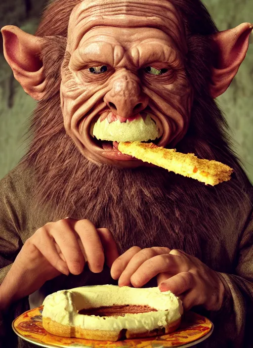 Image similar to closeup portrait of a medieval goblin eating cakes in the abbey, depth of field, zeiss lens, detailed, symmetrical, centered, fashion photoshoot, by annie leibovitz and steve mccurry, david lazar, jimmy nelsson, breathtaking, 8 k resolution, extremely detailed, beautiful, establishing shot, artistic, hyperrealistic, beautiful face, octane render