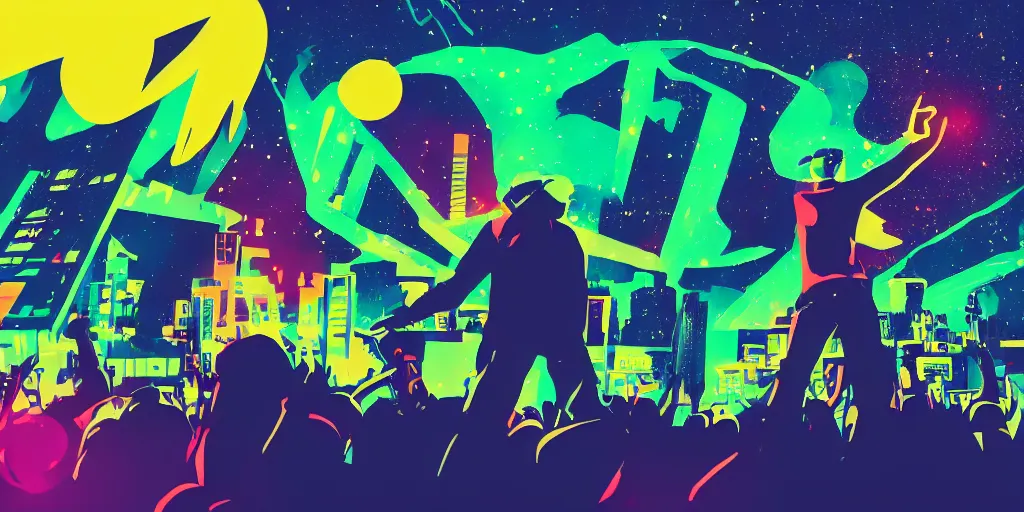 Image similar to rapping into microphone, silhouette, huge crowd, outrun, hip hop, simple shapes, Aurora borealis, trending on Artstation, professional artist, detailed, 4k