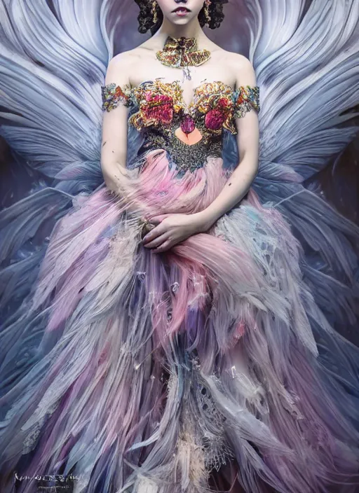 Prompt: expressive full body photo of anya taylor - joy, dress made of sweets, glamour shot, by karol bak, stefan gesell, photorealistic, nikon d 4 x, fashion photography, hyper maximalist, elegant, ornate, luxury, elite, environmental portrait, symmetrical features, octane render, unreal engine, solid dark grey background, dramatic lights