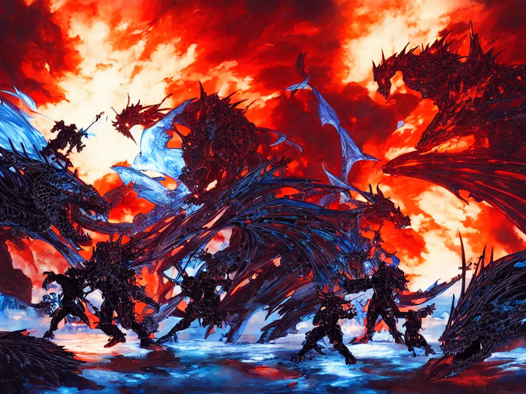 Image similar to battle between ice dragons and fire dragaons, cinematic lighting, epic proportions, collaborative painting by greg ruthowski, michael whelan, yoji shinkawa, collaboarative artwork, exquisitely high quality and detailed, artstation