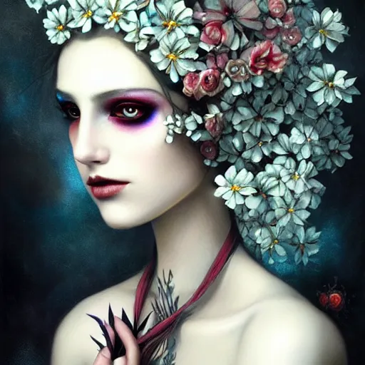 Image similar to A painting of a woman with white makeup and flowers on her head, cyberpunk art by Tom Bagshaw, Deviantart, gothic art, wiccan