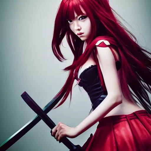 Image similar to dslr, beautiful erza scarlet fighting posing with a katana sword and wearing a skirt, portrait photo, real photo, real camera, extreme detailed face and body, high quality, moody lighting, fast paced lines, sharp quality, enchanting, 8 k