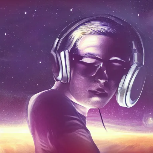 Prompt: long shot of male wearing headphones sitting in space, calm, soothing, relaxed, cosy, quiet, elegant, digital painting, realism, cyberpunk art, acrylic on canvas,