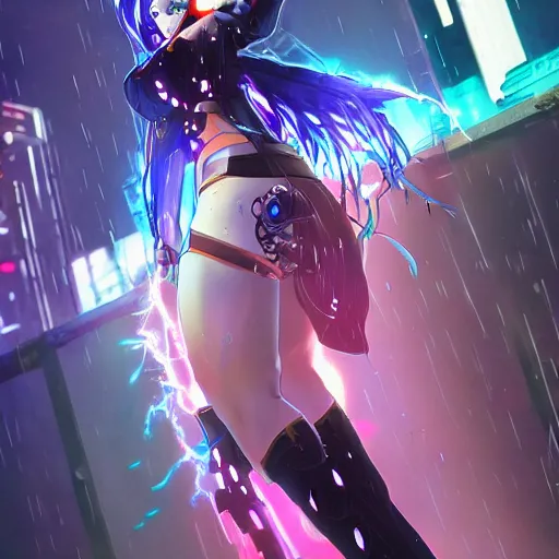 Prompt: full body!!!, digital cyberpunk anime!!, shattered beautiful cyborg - girl!!!, lightning, raining!!, water refractions!!, black long hair!, colorful reflective eyes, full round face!, biomechanical details, mid - shot, reflections, wlop, ilya kuvshinov, artgerm
