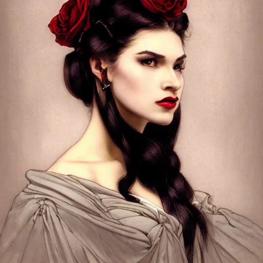 Image similar to side shot of a vampire princess, stern expression, head only, headshot, neck up, royalty, black hair, rose crown, pale skin, mouth slightly open, elegant, lifelike eyes, intricate, black background. by Stanley Artgerm Lau , greg rutkowski, thomas kindkade, alphonse mucha, loish, norman rockwell, J. C. Leyendecker. D&D, fantasy. Trending on artstation rule of thirds, detailed illustration, hd 4k