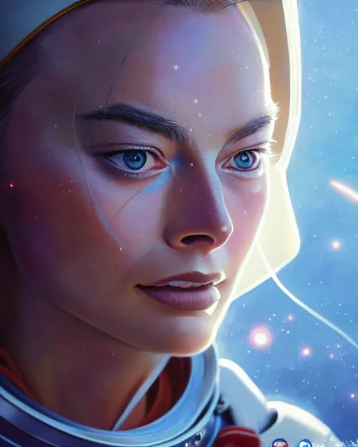 Image similar to azctec astronaut, margot robbie, detailed perfect face, exquisite details, fire magic, mid view, design on a white background, by studio muti, greg rutkowski makoto shinkai takashi takeuchi studio ghibli