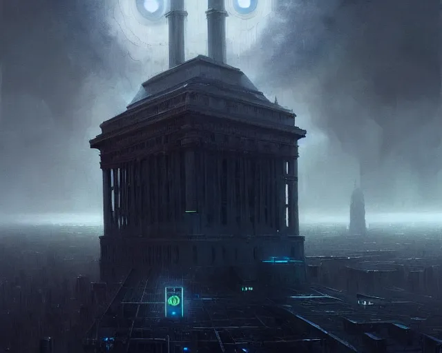 Image similar to 'The Great Eye Watches All', a digital painting of a great city being watched over by an all-seeing malevolent AI, a sci-fi digital painting by Greg Rutkowski and James Gurney, trending on Artstation, foreboding atmosphere, highly detailed