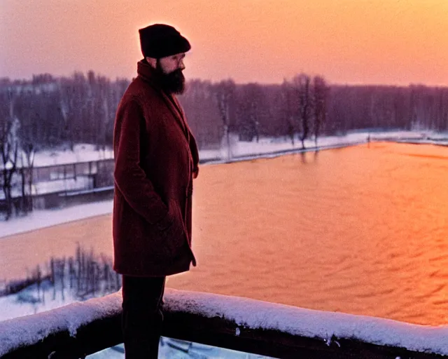 Image similar to lomographic tarkovsky film still of 4 0 years russian man with beard and sweater standing on small hrushevka 9 th floor balcony in winter taiga looking at sunset, cinestill, bokeh