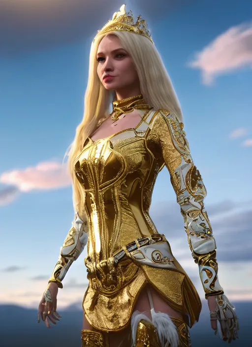 Prompt: a photo of 8 k ultra realistic humanoid princess with long blonde hair, standing next to a beautiful view, ornate white and gold officers outfit, cinematic lighting, trending on artstation, 4 k, hyperrealistic, focused, extreme details, unreal engine 5, cinematic, masterpiece