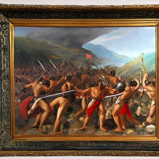 Prompt: spartans fighting the persians at the thermopylae, oil painting