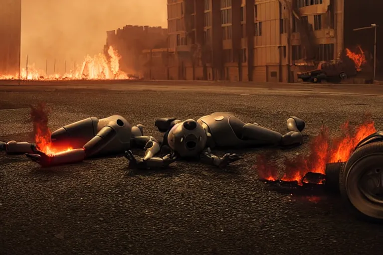 Image similar to vfx film closeup, dead robot couple on the ground holding hands, city street tire tracks fire. flat color profile low - key lighting award winning photography arri alexa cinematography, hyper real photorealistic cinematic atmospheric cool colorgrade