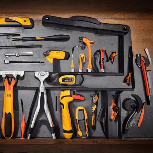 Prompt: photo of a tool table with a hammer, wrench, pliers, screwdriver, screws, mallet, saw and crowbar, highly detailed, high quality, HD, 4k, 8k, Canon 300mm, professional photographer, 40mp, lifelike, top-rated, award winning, realistic, sharp, no blur, edited, corrected, trending