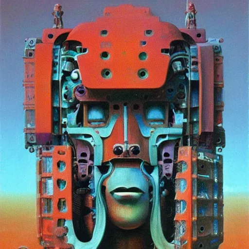 Image similar to portrait of a colourful tribal mecha robot, painting by zdzislaw beksinski,