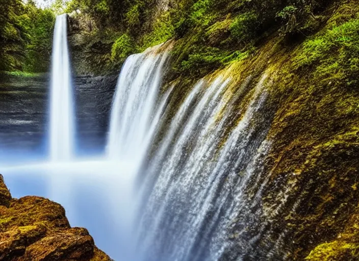 Image similar to a long capture photo of a magical waterfall, high cliff, night, stars in the sky