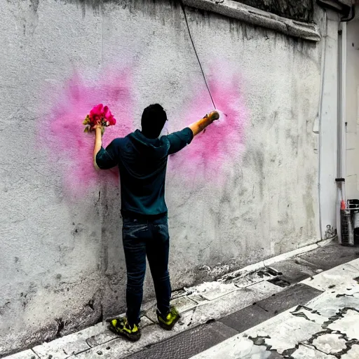 Image similar to guy with white hoodie spray painting flowers in a wall in genova