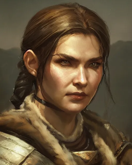Image similar to the elder scrolls vi, charismatic rugged female nord warrior portrait, illustration, rim light, top light, perfectly shaded, soft painting, art by ross tran, krenz cushart and wenjun lin