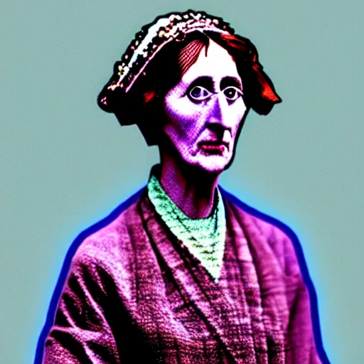 Image similar to Virginia Woolf dressed in PS4 merchandise designed by APC, colored photo, restored photo