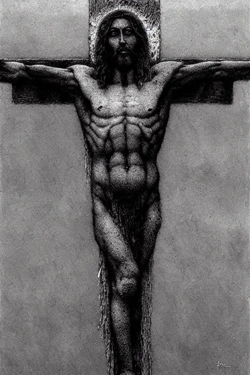 Image similar to jesus christ crucifixion by beksinski, fantasy, scary, award winning 8k