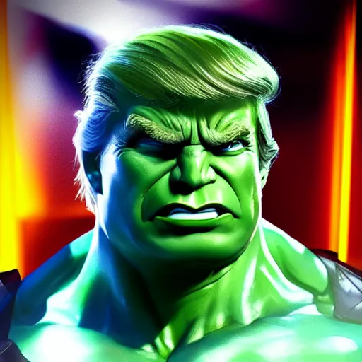 Prompt: Donald Trump as the incredible Hulk. Anime style. Detailed face. Dramatisch lights.