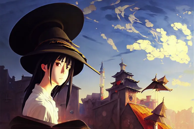 Image similar to baroque oil painting of anime key visual environment concept art of anime girl magician with big hat casting magic, brutalist, dark fantasy, rule of thirds, fake hidden detail, trending on pixiv fanbox, acrylic palette knife and brush, style of makoto shinkai studio ghibli genshin impact jamie wyeth james gilleard greg rutkowski