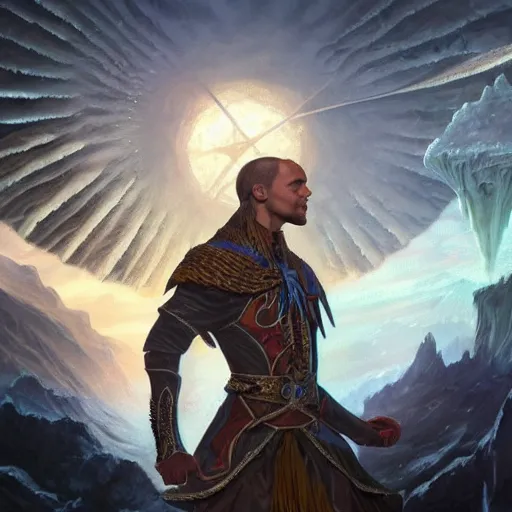 Image similar to armin van buuren as teferi, in the style of magic the gathering, glacier landscape, d & d, fantasy, intricate, elegant, highly detailed, digital painting, artstation, concept art, matte, sharp focus, illustration, art by artgerm and greg rutkowski and alphonse mucha