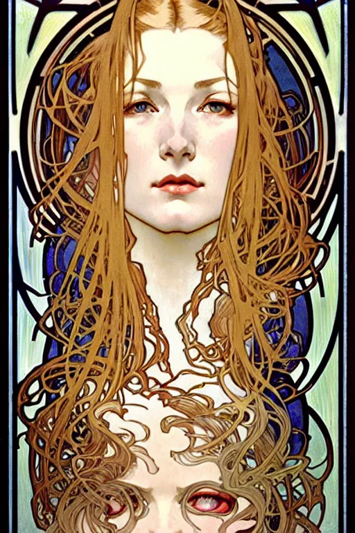 Prompt: realistic detailed half body portrait of Veronica Lake by Alphonse Mucha, Ayami Kojima, Yoshitaka Amano, Charlie Bowater, Karol Bak, Greg Hildebrandt, Jean Delville, and Mark Brooks, Art Nouveau, Pre-Raphaelite, Neo-Gothic, gothic, Art Nouveau, intricate fine details, exquisite, rich deep moody colors, beautiful detailed background