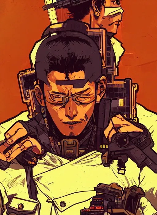 Image similar to hector tanaka. cyberpunk mercenary with scenic background. portrait illustration, pop art, art by ashley wood, alphonse mucha, laurie greasley and josan gonzalez. cinematic. beautiful lighting. realistic proportions. creative