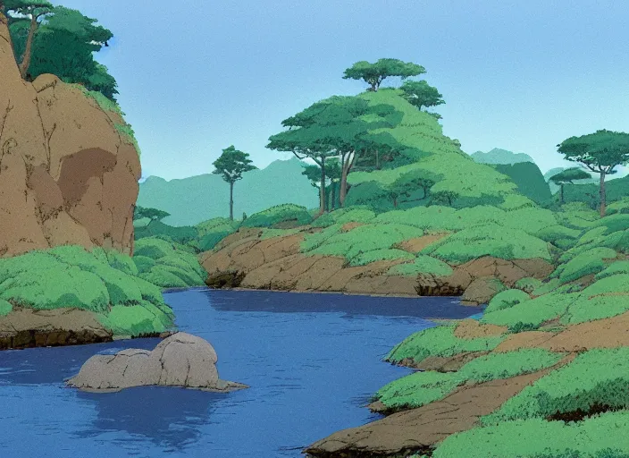 Prompt: pleasing appealing smooth flat rocky environment sunningrocks by the river's shore, forest clearing, still placid environment matte painting from studio ghibli and the fox and the hound ( 1 9 8 1 )