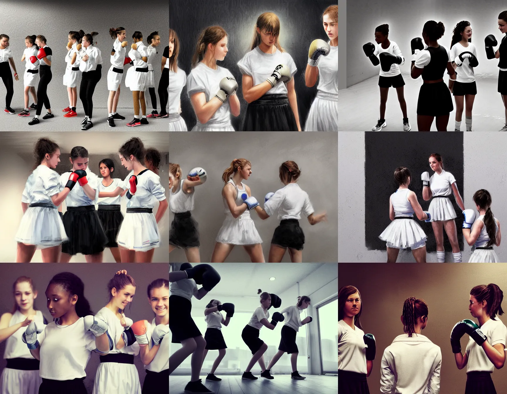 Prompt: a group of teenage girls learning boxing, wearing white shirt, tie, and black skirt, smiling, digital portrait by greg rutkowski, intricate, soft focus, highly detailed, cinematic, epic, artstation