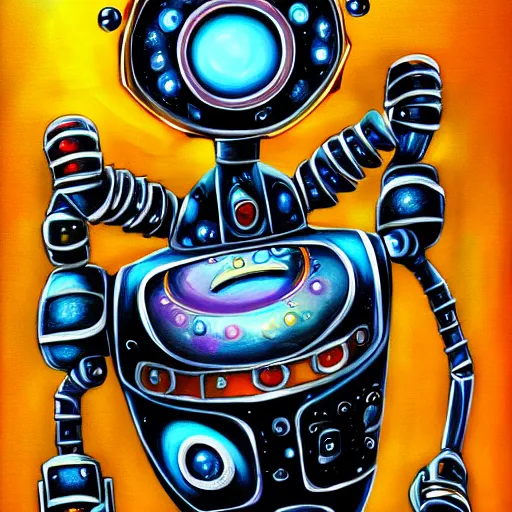 Prompt: robot gods, airbrush painting by in googy style, illustration, intricate detail, award winning work,