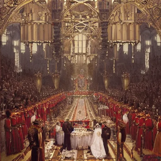 Image similar to Photograph of a royal wedding for queens, vertical symmetry, photograph, high detail, vintage shading, warm colors by Ilya Repin and artgerm