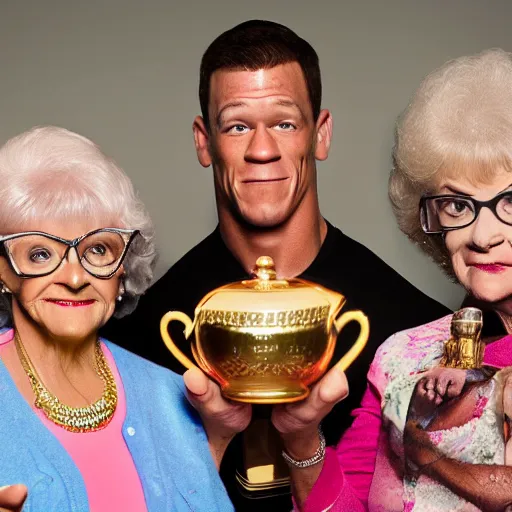 Image similar to john cena and the golden girls heading tea, realistic photography, high detailed