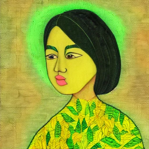Prompt: Female character, green background, full of yellow leaves, in the artistic style of Hilda Palafox, Poni, textile painting
