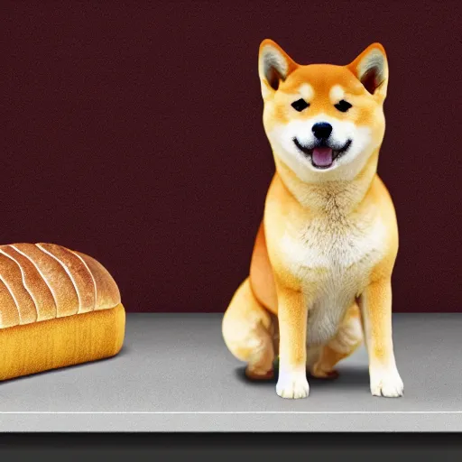 Prompt: A shiba inu as bread - blended into the side of a loaf of bread on a kitchen bench, digital art