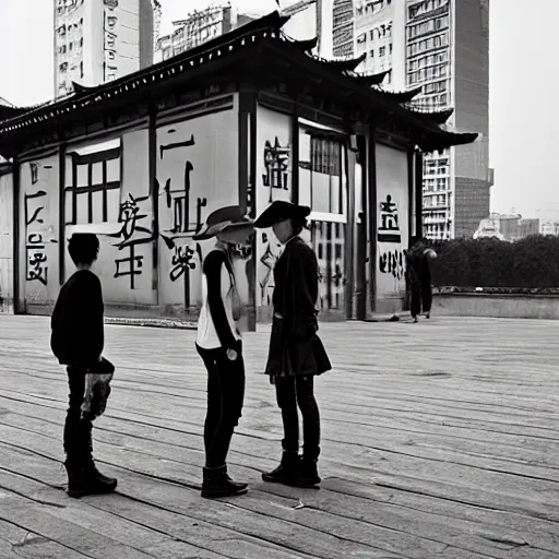 Image similar to a small rooftop with a couple of modern teenagers wearing cowboy boots and dr martens standing and talking to each other, wearing black modern clothes, modern shanghai bund is on the background, sunset, by gregory crewdson