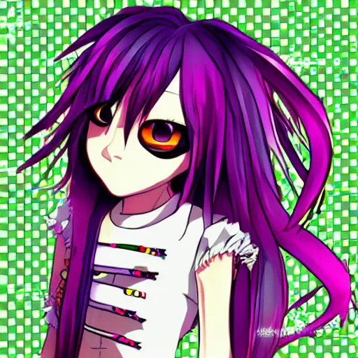 Image similar to emo anime girl, scene, rainbowcore, vhs monster high, glitchcore witchcore, checkered spiked hair, pixiv