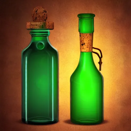 Prompt: Realistic potion, glass bottle, green glow, skull painting on the front, cork stopper digital art, render, unreal engine