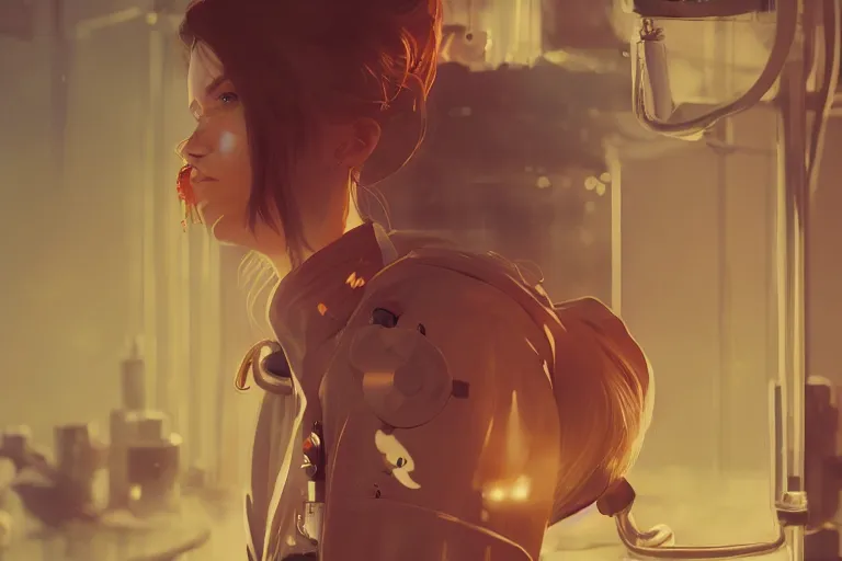 Image similar to woman wearing a labcoat in a steampunk lab, cinematic, beautiful face, digital art, by wlop, by james gilleard, by conrad roset, sunlit, cozy, trending on artstation, octane render, matter art, close up shot