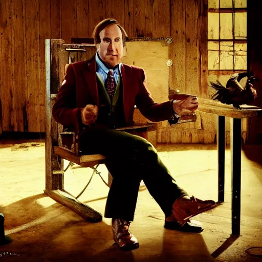 Image similar to saul goodman and a rooster in a saw movie torture chamber, torture devices in the background, saul goodman, rooster, photo