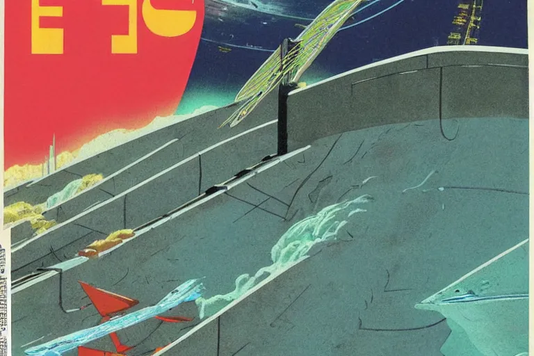 Prompt: 1979 Popular science Magazine Cover of a seawall. In the background is Neo-Tokyo in Akira style by Vincent Di Fate