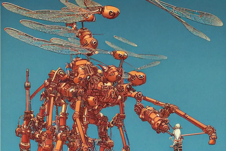 Image similar to gigantic dragonflies with human faces catch tiny robots, a lot of exotic mechas robots around, human heads everywhere, risograph by kawase hasui, dirtyrobot, edward hopper, satoshi kon and moebius, colorful flat surreal design, super - detailed, a lot of tiny details, fullshot